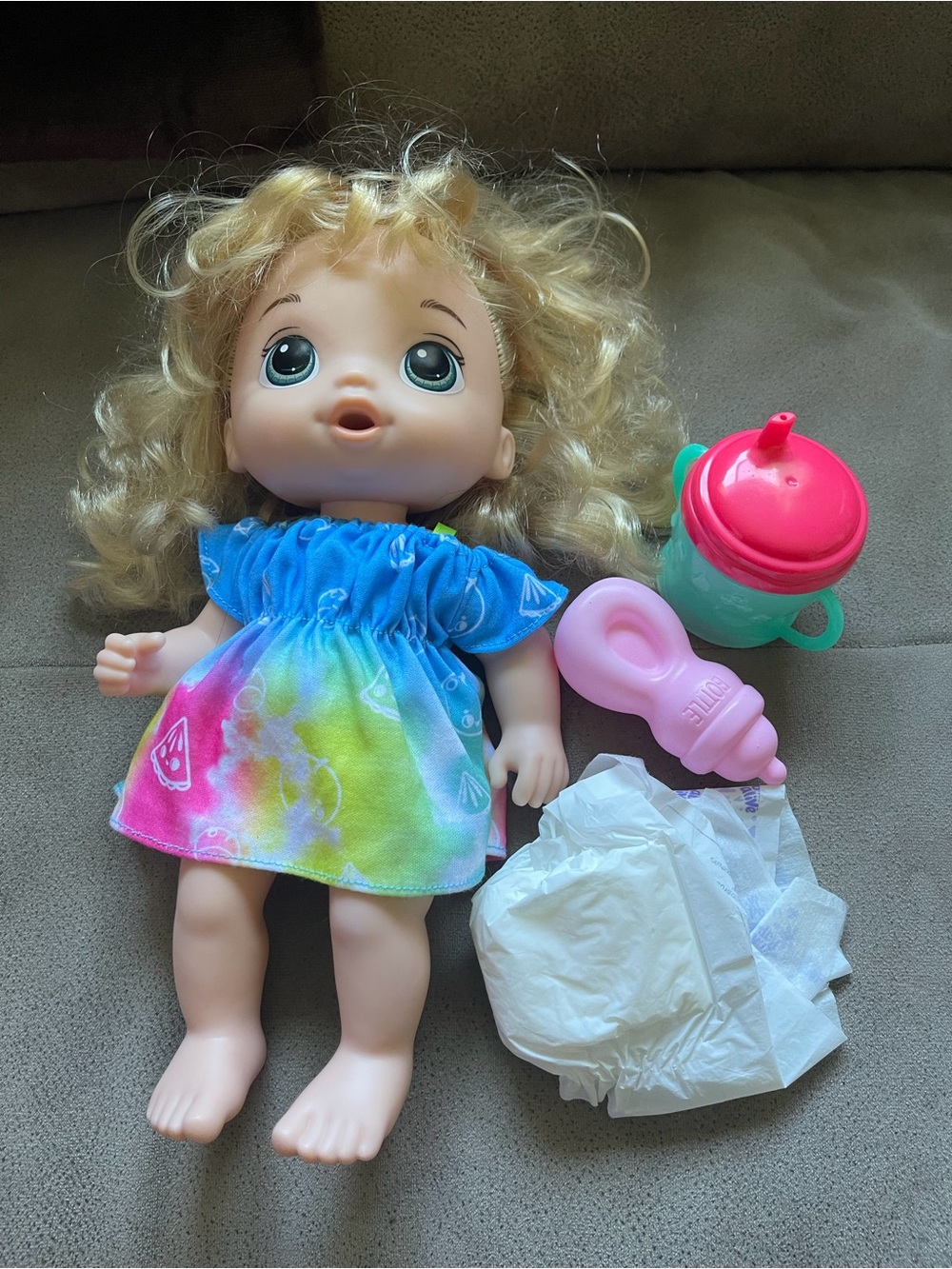 Baby Alive Doll with Rainbow Dress and Feeding Set - Blue/Pink